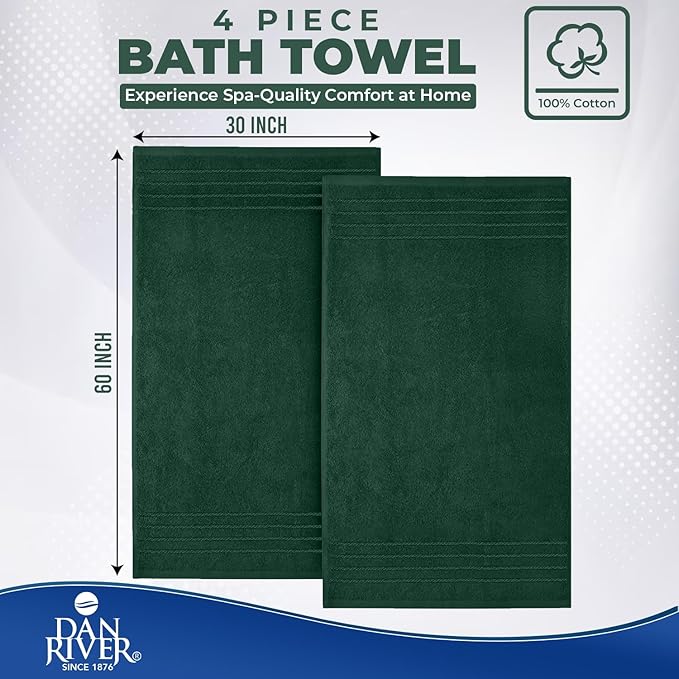 DAN RIVER Bath Towels Set of 4, 30 x 60 Inches, 100% Cotton, Larger & Lighter Weight, Quicker to Dry, Super Soft and Absorbent, Ideal Hotel Towels for Daily Use, Huntergreen
