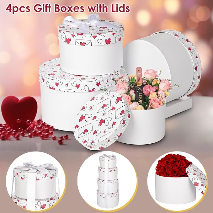 Luxury Round Nested Gift Boxes with Lids (Set of 4) – Reusable Sturdy Cardboard Gift Box Set for Birthdays, Weddings, Anniversaries, Christmas, and Valentine’s Day – White & Red