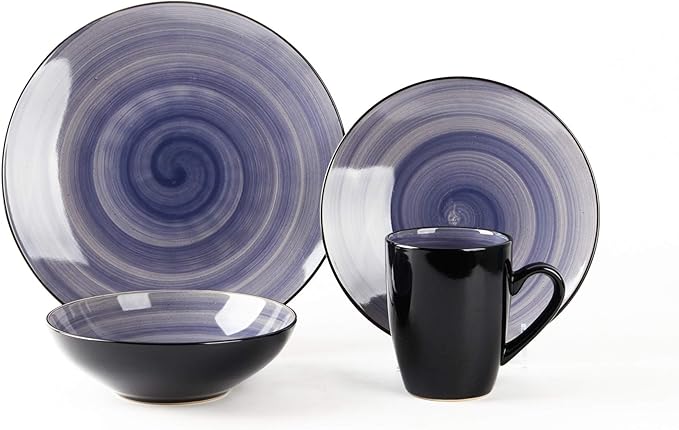 Sonoma 16pc Stoneware Dinnerware Set, Outside Black + Inside Hand Painting Combi Colors of Cobalt, Mocha, Rose and Spice with Speckle