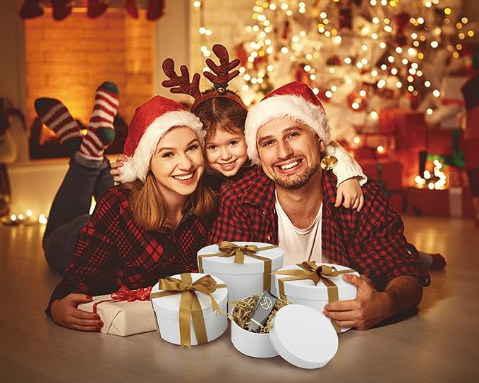 Bengnkes Round Gift Box White Gift Boxes with Lids for Presents 4 Packs Luxury Nesting Gift Boxes Small with 17ft Ribbon for Bridesmaid Valentines Mother's day Graduation