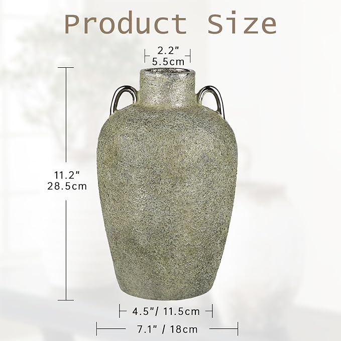 Large Ceramic Vase, 11.2" Tall Rustic Farmhouse Vase, Vintage Flower Vase with 2 Ears, Electroplated Terracotta Floral Vases for Home, Living Room, Shelf, Mantel, Entryway, Wedding, Table Centerpiece