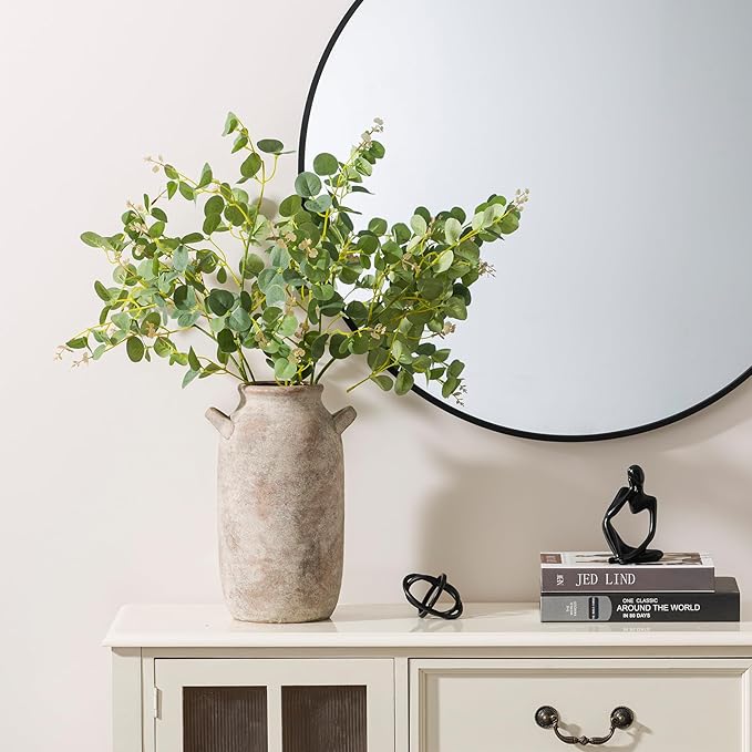 Large Flower Vase Home Decor - 12 inch Tall Ceramic Farmhouse Rustic Table Vases with Handle Living Room Decoration Decorative Modern Pottery for Floor Kitchen Shelf Coffee Dining Desk Fireplace