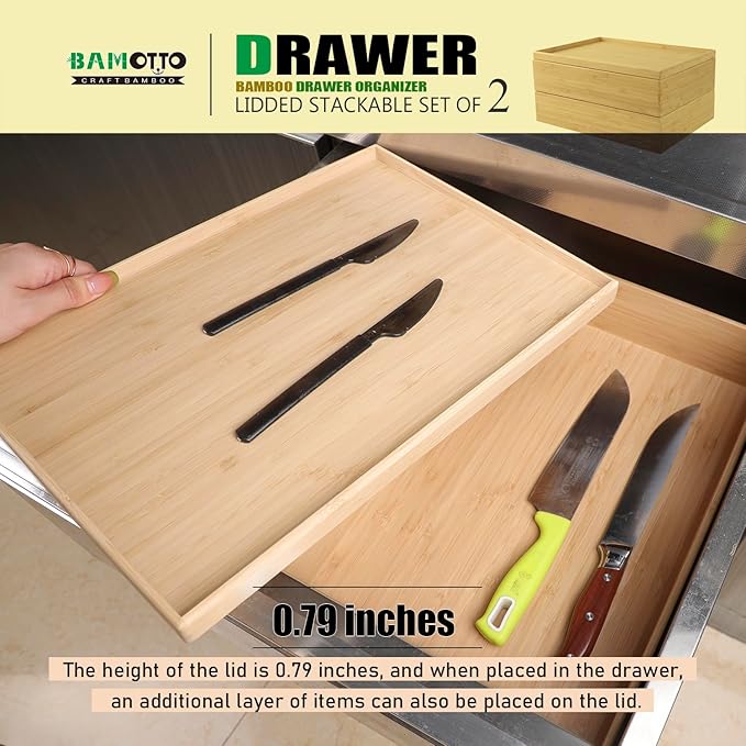 Stackable Bamboo Drawer Organizer Set – 2 Boxes with 1 Lid | Wood-Laminated Trays for Kitchen Utensils, Silverware & Flatware – Fits Cabinets, Pantry, Bathroom & Office | 14.6"x10.2" (2-Pack)