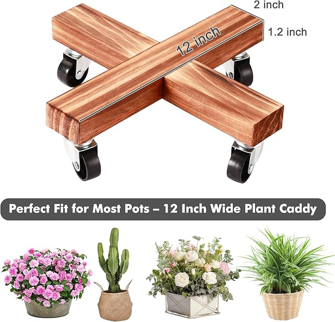 Wooden Plant Caddy with Wheels 12 Inch Rolling Plant Stand on Wheels Heavy Duty Plant Dolly for Large Plants Plant Roller with Wheels Planter Wheels Base Indoor & Outdoor, Pine