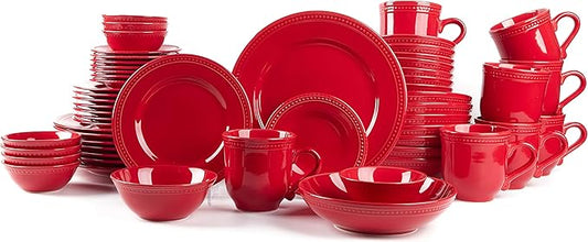Pearl Dots Stoneware Dinnerware Set (56pc Set, Red)
