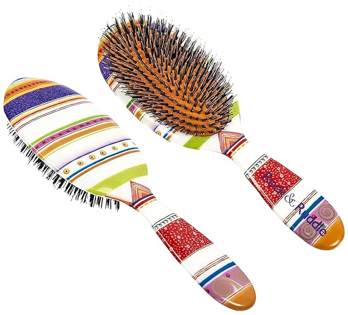 Rock & Ruddle Natural Mixed Boar Bristle Hair Brush for Women and Kids (Large 21cm) - Perfect for Wet or Dry Hair, Detangling Smoothing Blowdrying - Designed & Made in UK - Folio Society Stripe Design