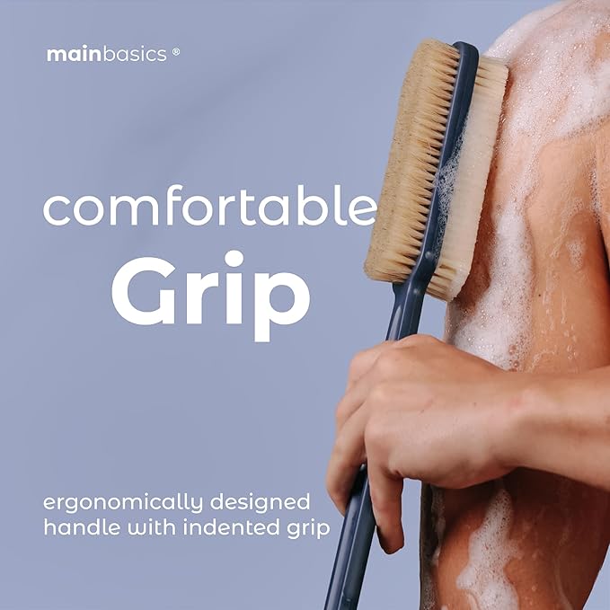 MainBasics Back Scrubber for Shower – Long Handle Dual-Sided Brush for Body Wash & Scrubbing with Exfoliating & Soft Bristles (Ultramarine, Plastic)