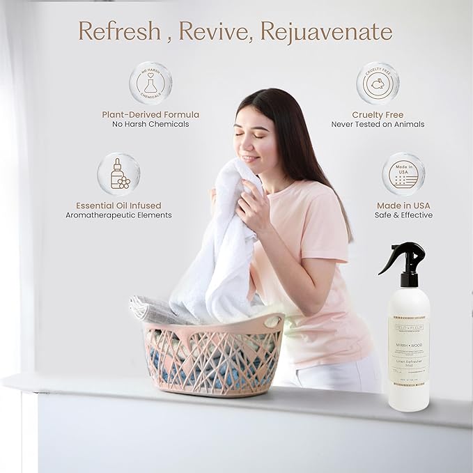 FIELD FLEUR Myrrh Wood Linen & Room Spray 15.5 oz - Aromatic & Refreshing Bedding & Fabric Mist - Air Freshener for Clothes & Sofas - Notes of Patchouli, Myrrh, Amber & Sandalwood - Made in USA