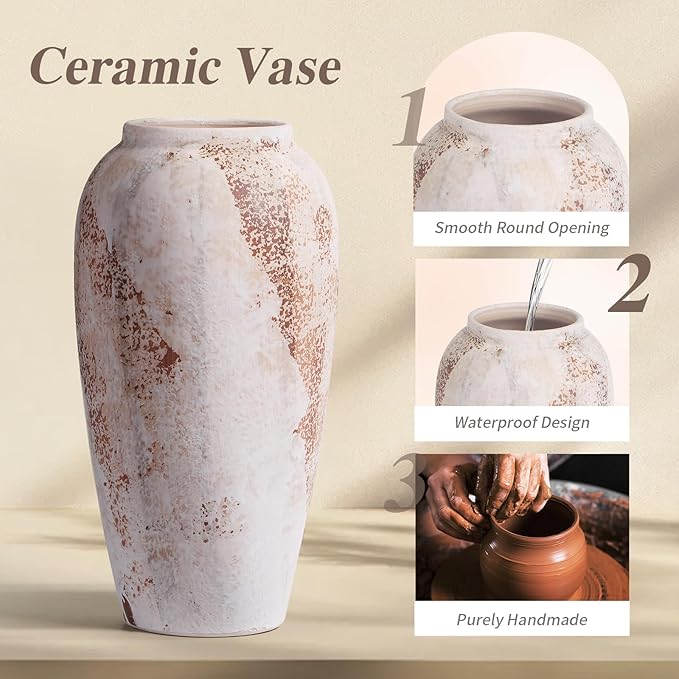 Large Rustic Vase for Flowers,13.8'' White Farmhouse Ceramic Vases for Home Decor, Minimalist Decorative Tall Vase for Living Room, Entryway, Shelf, Premium Pottery Clay Table Centerpiece Decor