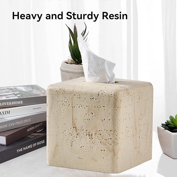 Natural Travertine Textures Tissue Box Cover Square for Home Decor,Resin Heavy Tissue Box Holder for Bathroom Countertop,Tabletop,Bedside Table,Office (Handmade of Resin)
