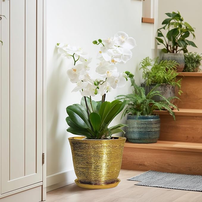 Ceramic Planter - 10 Inch Plant Pot with Drainage Hole and Saucer, Round Flower Pots for Indoor Outdoor, Large Modern Decorative Planter, Garden Room Home Decor, Gifts for Plant Lover, Gold