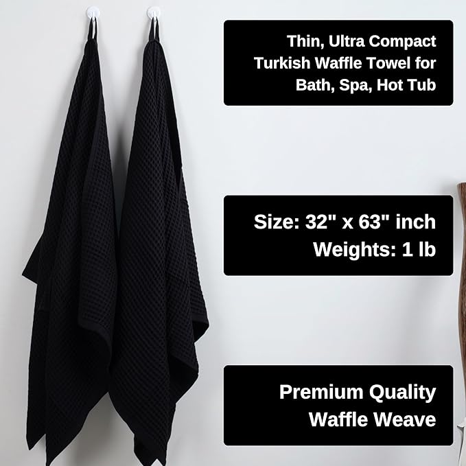 PÜSKÜL Premium Waffle Bath Towels Set of 2 - Organic 100% Turkish Cotton Bath Towel - Quick Dry, Absorbent, Light, Thin, 32x63 Large Waffle Towels for Bathroom (Black Bath Towels - Pack of 2)