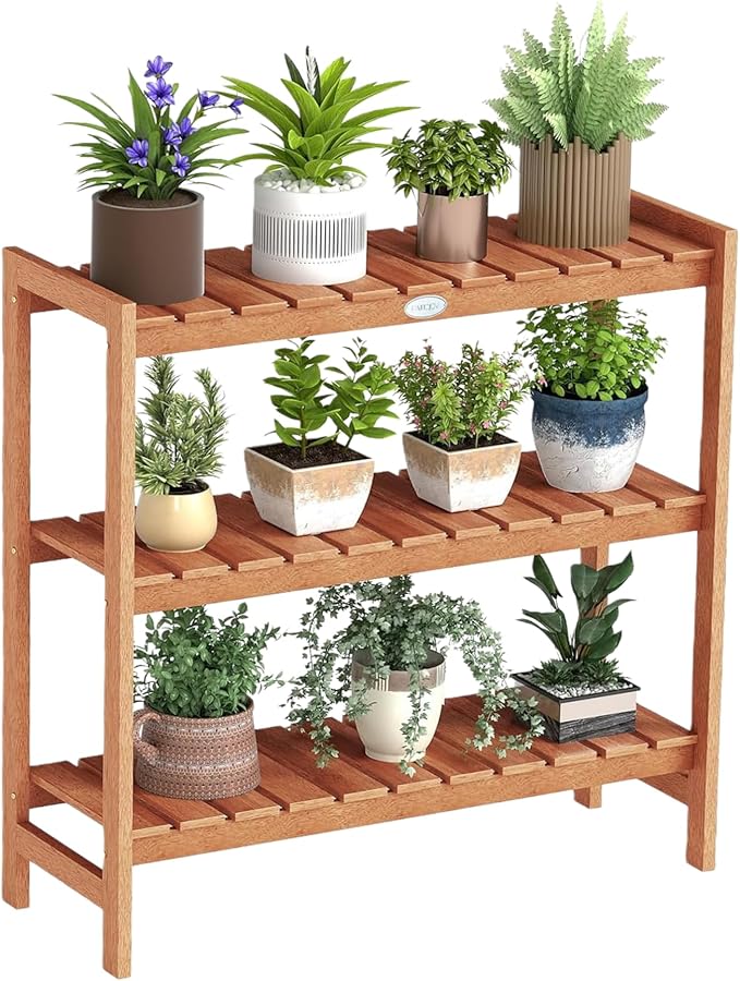 Giantex 3-Tier Plant Stand Indoor, Solid Wood Flower Pot Display Rack w/ Slatted Shelves, Take Oil Finish Bookshelf Shoe Rack, Indoor Outdoor Storage Shelf for Patio Garden Balcony Home Living Room Entryway