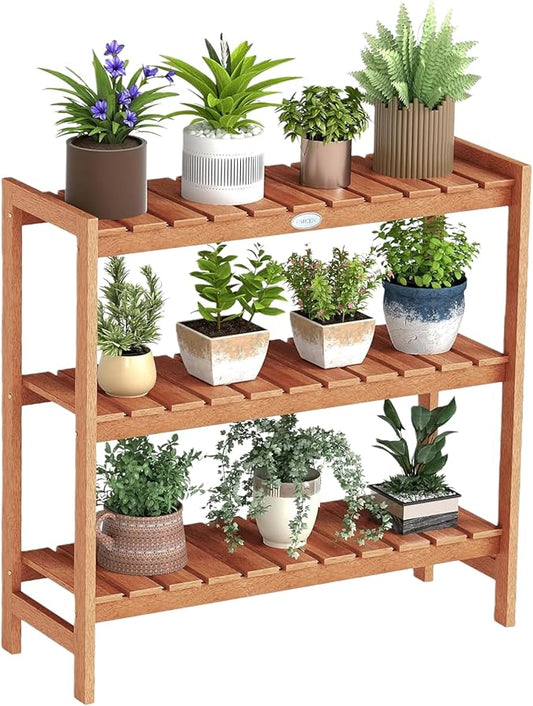 Giantex 3-Tier Plant Stand Indoor, Solid Wood Flower Pot Display Rack w/ Slatted Shelves, Take Oil Finish Bookshelf Shoe Rack, Indoor Outdoor Storage Shelf for Patio Garden Balcony Home Living Room Entryway