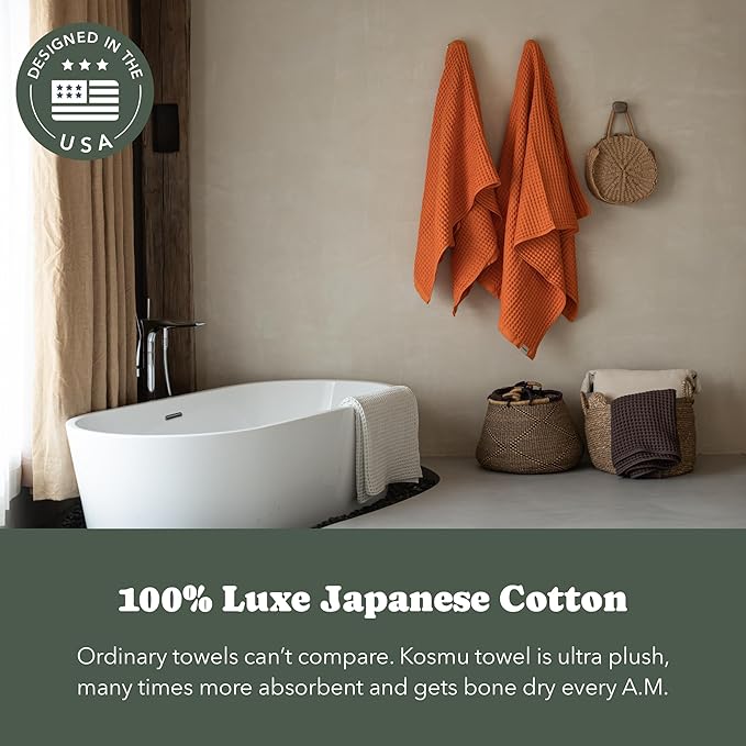 Luxury Japanese Cotton Waffle Bath Towel | Plush, Absorbent, and Quick Dry | Free Storage Bag Included (Coral Orange, Complete Set (4-Piece))