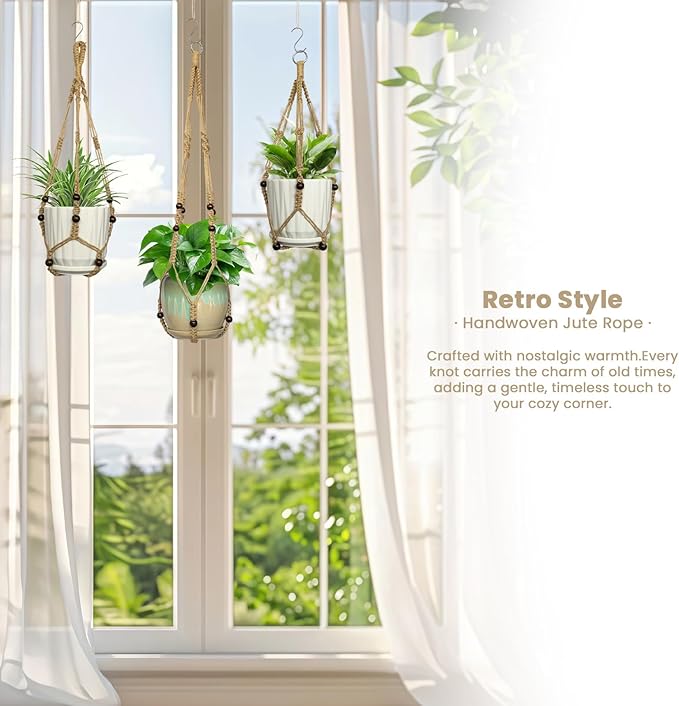 3 Pcs Macrame Plant Hangers,Indoor Different Size Hanging Planter Basket Flower Pot Holder with Beads,No Tassels Hanging Planter Basket with Wood Beads for Indoor Outdoor Home Decor