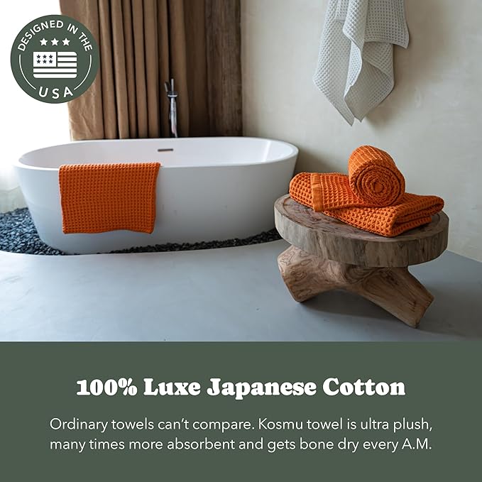 Luxury Japanese Cotton Waffle Bath Towel | Plush, Absorbent, and Quick Dry | Free Storage Bag Included (Coral Orange, Bath Sheet, 67" x 34")
