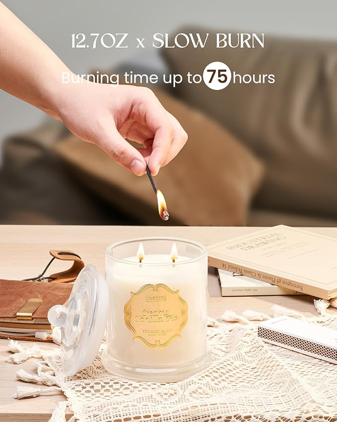 M&SENSE Vanilla Candles for Home Scented, Organic Soy Candles Non Toxic Fall Winter, 12.7oz Large Jar Candle 75 Hours Long Lasting Slow Burning, Strong Scented Housewarming Thanksgiving Christmas Gift