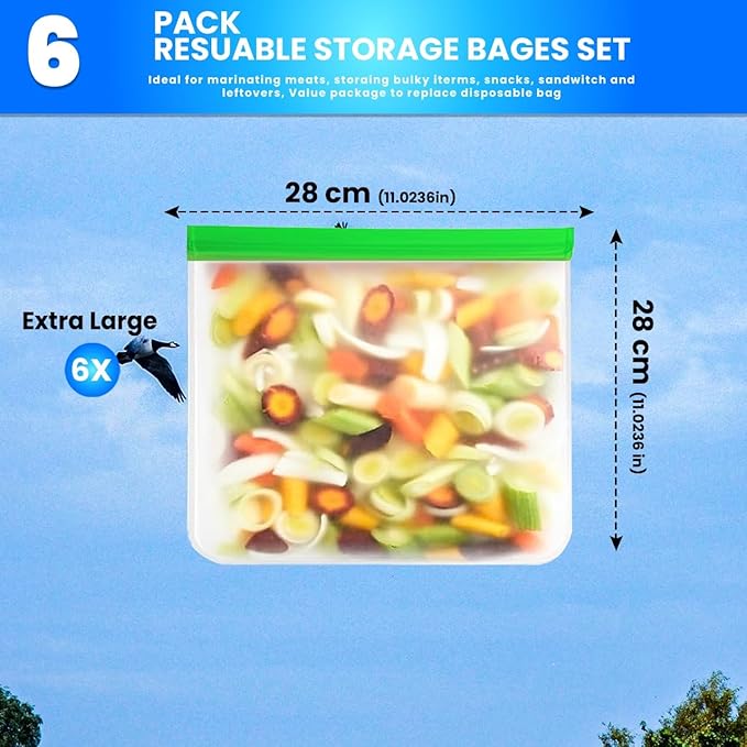 6-Pack Reusable Gallon Freezer Bags – Extra-Thick & Leakproof | BPA-Free, Eco-Friendly, Silicone & Plastic-Free | Stand-Up Design | Perfect for Meal Prep, Marinating, Storing Meat, Vegetables & More