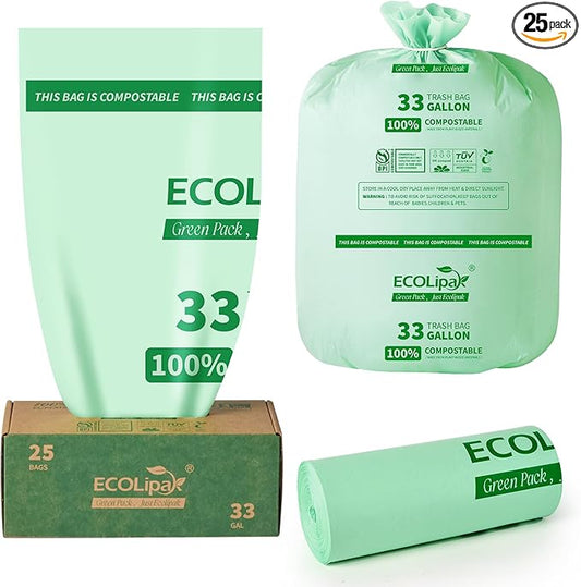 ECOLipak 33 Gallon Compostable Trash Garbage Bags, 25 Count (1 Roll) Biodegradable Heavy Duty Large Outdoor Trash Bags for Lawn/Yard, US BPI ASTM D6400 and OK Compost Home Certified