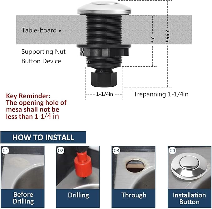 Garbage Disposal Air Switch Kit Sink Top Waste Disposal Stainless Steel On/Off Air Button Food and Waste Disposals Part by Etoolcity