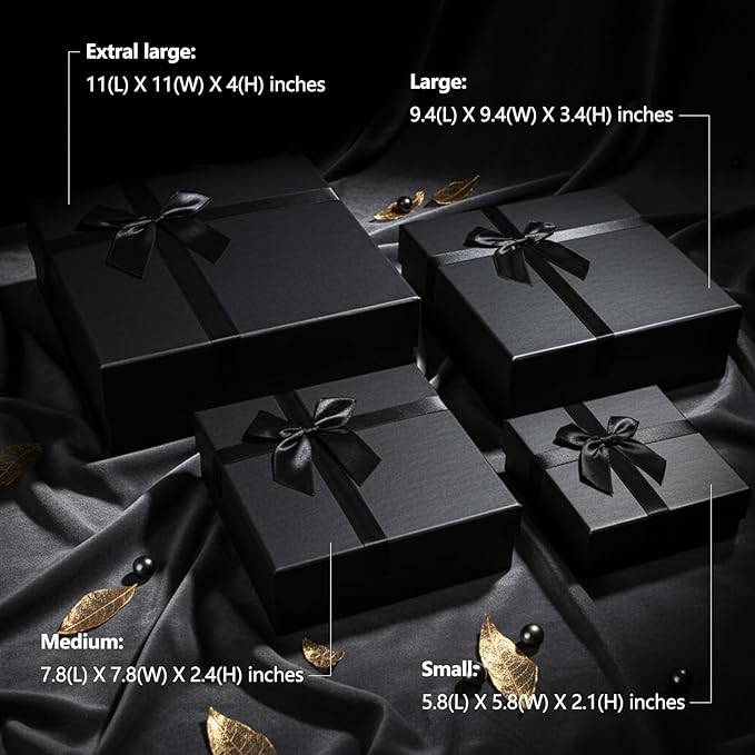 Black Gift Boxes with Lids, Set of 4 Nesting Presents Boxes for Gifts, Luxury Gift Wrap Boxes for Weddings, Birthdays, Anniversaris and All Gift Giving Occasions