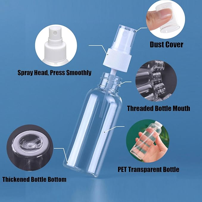 Small Spray Bottle, 4 Pack 100ml/3.5 oz Travel Clear Plastic Refillable Empty Fine Mist Spray Bottle with 24pcs Labels for Travel, Cleaning, Gardening, Skin Care