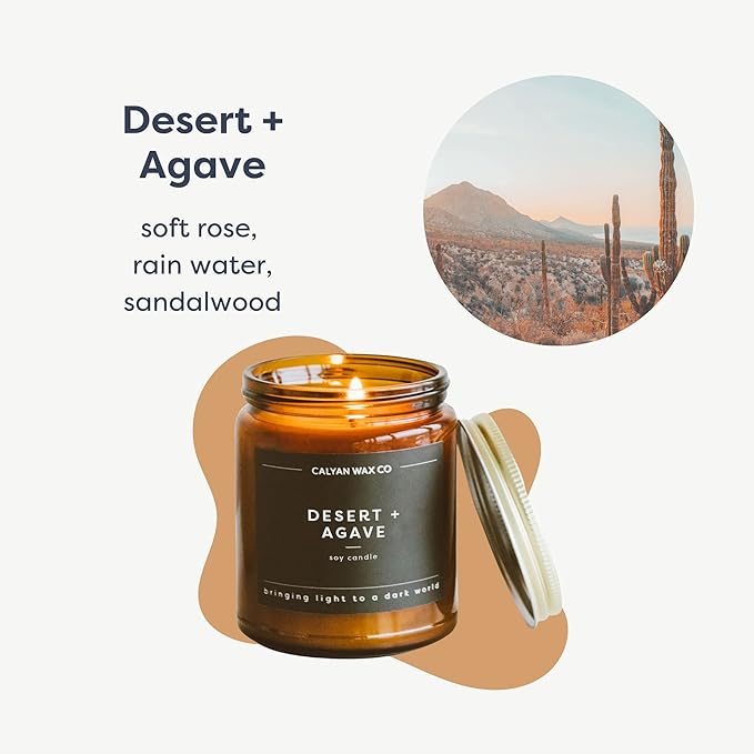 Calyan Wax Co. Desert & Agave Scented Candle - 57 Hour Burn - Luxury Non Toxic Soy Wax Candles - Long Lasting Amber Glass Jar Candle for Home - 7.2oz
