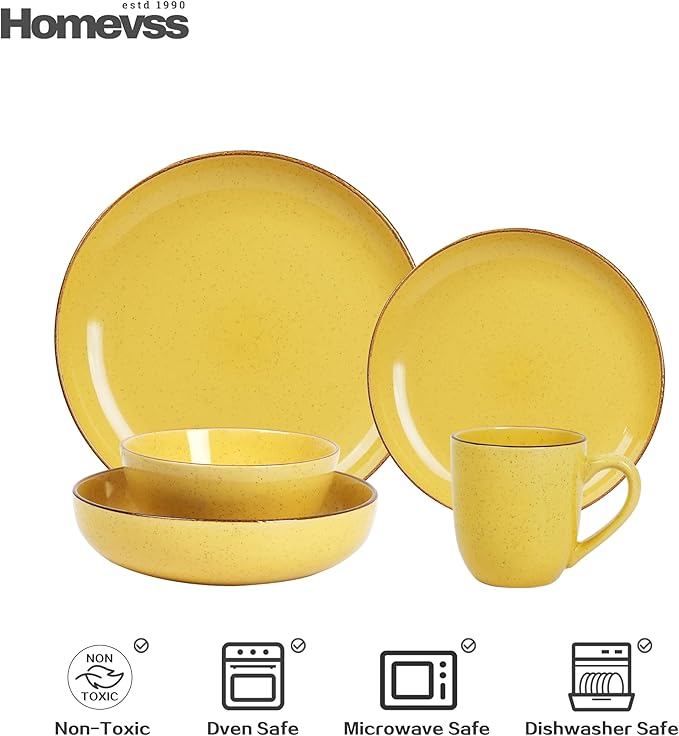 HomeVSS 20-Piece Dinnerware Set - Serves 4, Bright Glaze Yellow plates and bowls sets with Speckle Effect for Microwave & Dishwasher Safe