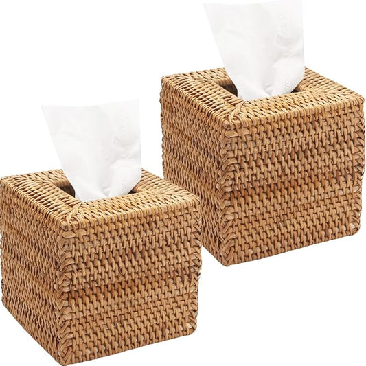 2 Pack Rattan Tissue Box Cover Square, Wicker Tissue Box Holder, Decorative Woven Facial Tissue Holder for Bathroom, Kitchen, Living Room, Bedroom (5.5 x 5.5 x 5.7 inch, Natural)