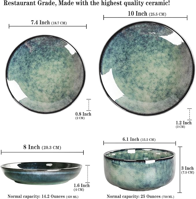 Ceramic Dinnerware (16 pcs) Serve 4 people, Plates and Bowls Sets, Reactive Glaze Dishes Set, Chip Resistant and Scratch Resistant, Dishwasher Microwave Safe, Suitable for dinner, parties