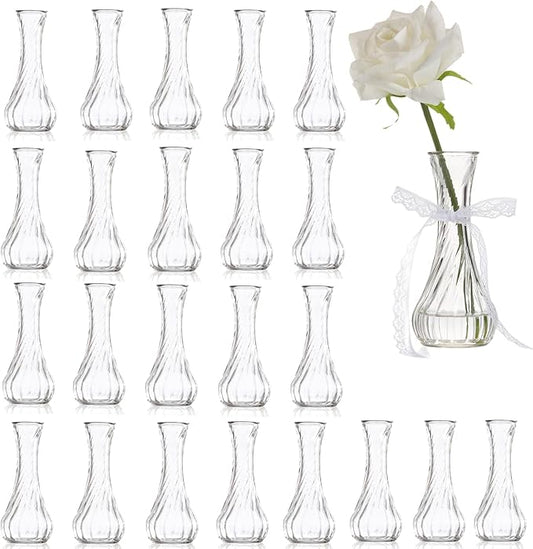 Set of 24 Glass Vase, Bud Vases in Bulk with Lace for Floral Arrangements, Events, Home Decor Weddings, Table Centerpiece (Clear, 24)
