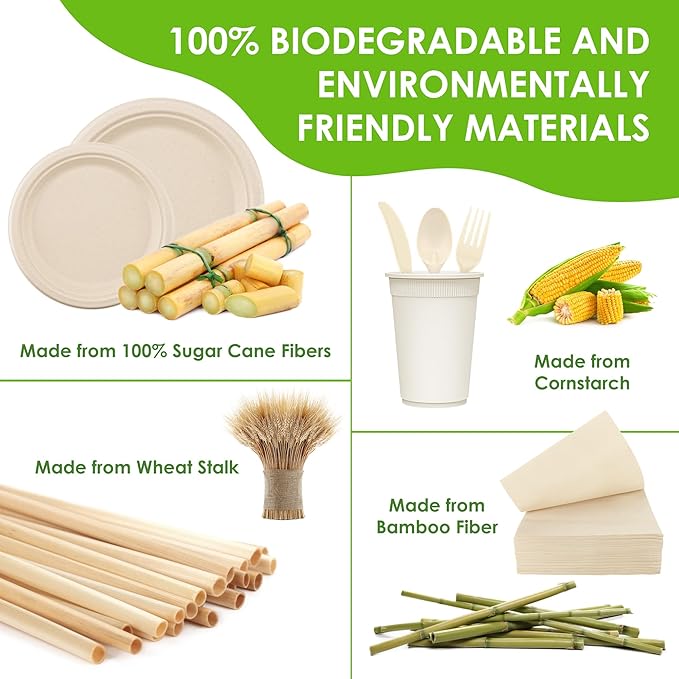 400PCS Disposable Paper Plates Set, Compostable Eco-friendly Dinnerware Set, Biodegradable Heavy-Duty Paper Plates, Utensils, Cups and Straws for Party Camping Natural Brown