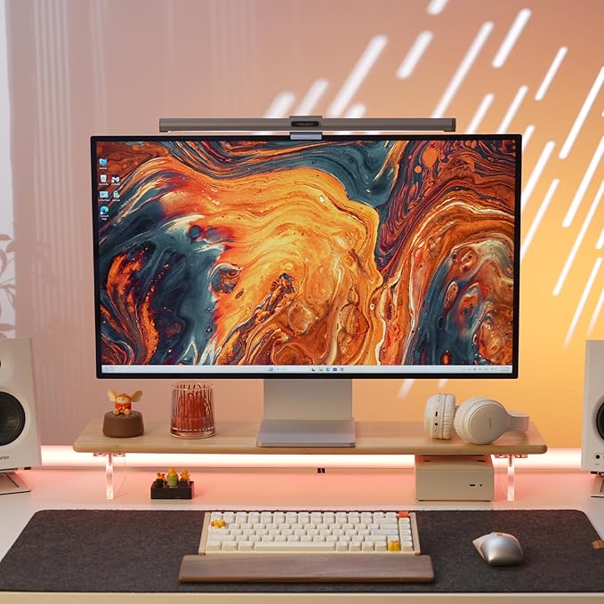 Bamboo Monitor Stand Riser with Acrylic Legs for Desk, 31.5 Inches Desktop Shelf Supports for PC Computer Monitor, Laptops, Printer, Speakers (Natural)