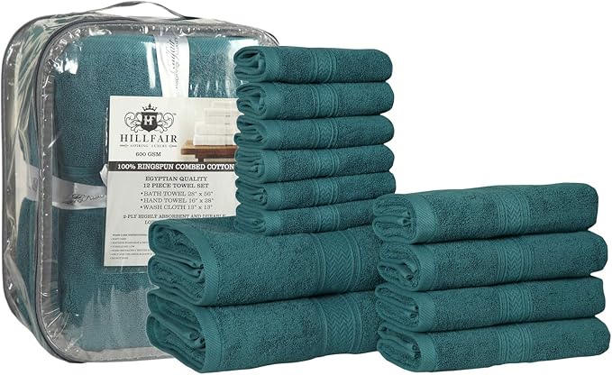 Hillfair 12-Piece 600 GSM Cotton Bath Towel Set - Hotel Spa Towels: 2 Bath, 4 Hand, 6 Washcloths - Absorbent, Super Soft - Teal
