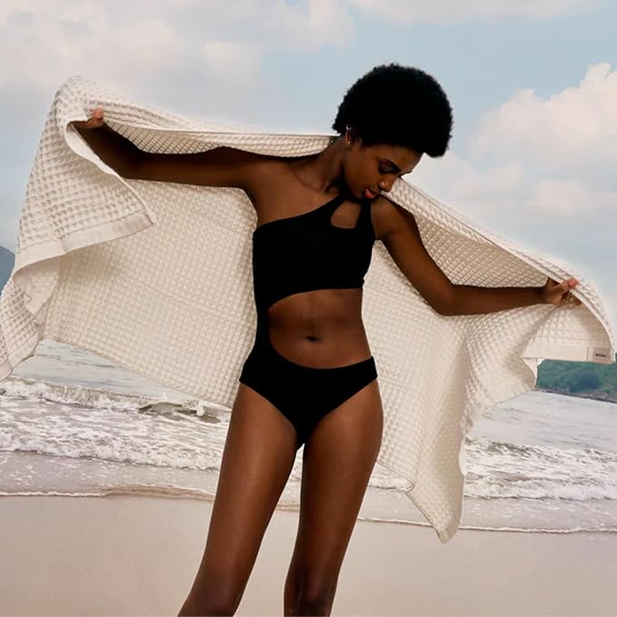 Luxury Japanese Cotton Waffle Bath Towel | Plush, Absorbent, and Quick Dry | Free Storage Bag Included (Shell White, Bath Towel (55" x 34"))