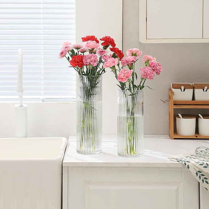 Clear Glass Vase, Glass Flower Vase, Ribbed Glass Vase, Clear Vase, Tall Cylinder Glass Vases for Centerpieces, Living Room, Dining Table, Office, Wedding, Bookshelf Decoration, 9.8 Inches