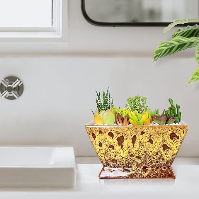 ARTKETTY Succulent Pots - 7 Inch Large Plant Pot with Drainage, Shallow Bonsai Pots Ceramic Succulent Planters for Indoor Outdoor Plants, Modern Cactus Pot Decorative Home Office