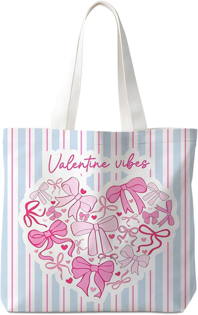 Animals-Flowers-Fruits-Bow Valentines Canvas Heart Tote Bag, Coquette Reusable Shopping Grocery Bags