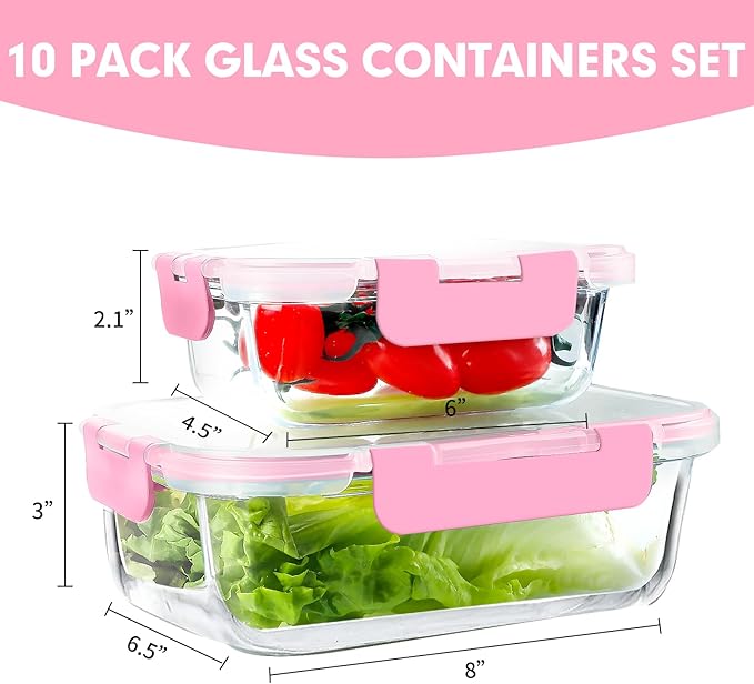 VERONES 10Pack Glass Meal Prep Containers, Airtight Glass Lunch Containers,Stackable Food Storage Containers Set with Lids,Exclusive of BPA, for Microwave,Oven, Freezer&Dishwasher Friendly,Pink