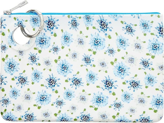 Oventure Large Silicone Pouch - Fifty States Blue Floral Print | Waterproof Zipper Bag & Holiday Gift for Women, Makeup & Travel