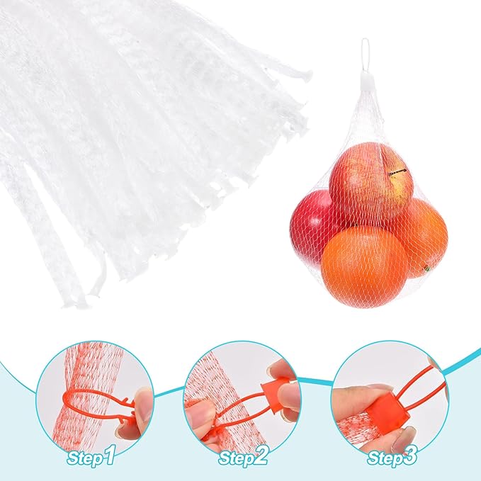 uxcell 100 Pcs Reusable Mesh Produce Bags, 30cm/12 Inch Washable Net Storage Bags Reusable Grocery Reusable Storage Bags with Plastic Buckle for Fresh Fruit Vegetables Seafood, White
