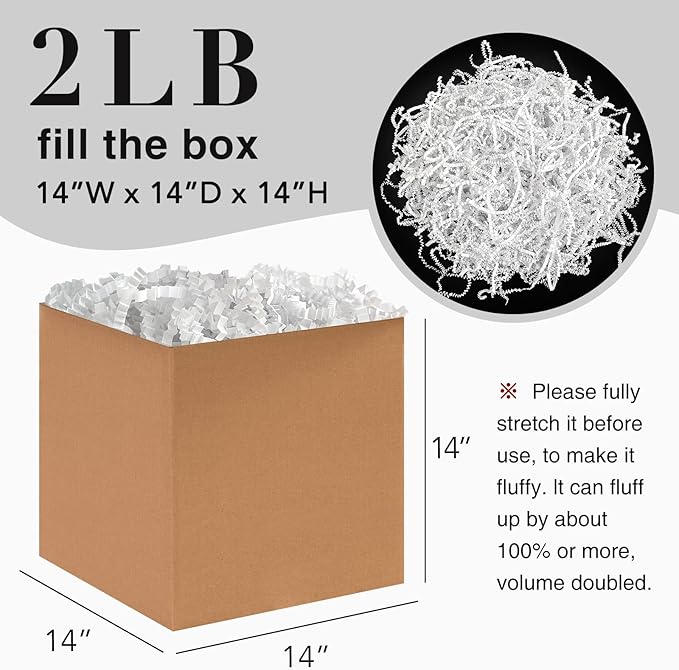 2LB Crinkle Cut Paper Shred Filler for Bag Gift Box Basket Confetti Paper Shreded Stuffing Decoration for Valentine's Day Holiday Party(White)