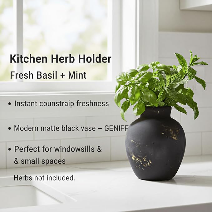 Ceramic Flower Vase, 6-Inch Black Pottery Rustic Farmhouse Boho Vase, Handcrafted Decorative Vase for Home Decor, Centerpieces, Table, Living Room, Mantel, Shelf