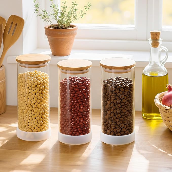 34oz Round Glass Storage Containers with Bamboo Lids – 6 Pack Medium Clear Food Airtight Glass Jars for Pantry Organizers and Storage, Kitchen Dry Food, Flour, Cereal, Coffee Beans & Staples