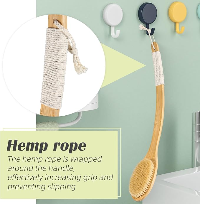 Bath Body Brush Shower, 22" Super Long Curved Bamboo Handle Antiskid Back Body Scrubber Wet/Dry Brushing, Moderately Soft Natural Bristle Body Brush for Showering