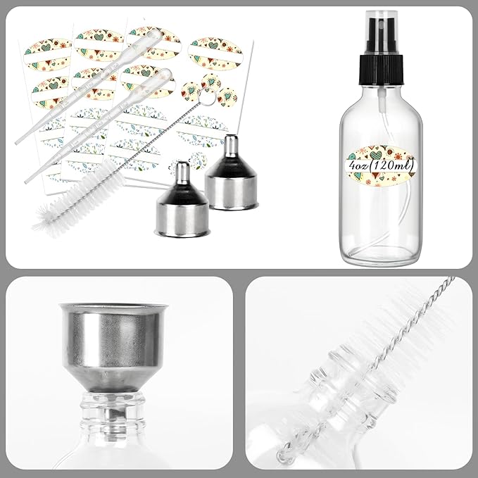 CycleMore 25 Pack 4oz Clear Glass Spray Bottles with Fine Mist Sprayers, Glass Travel Bottles for Cosmetic Essential Oils Cleaning Solutions Perfumes & More Liquids (1 Brush, 2 Funnels and 36 Labels)