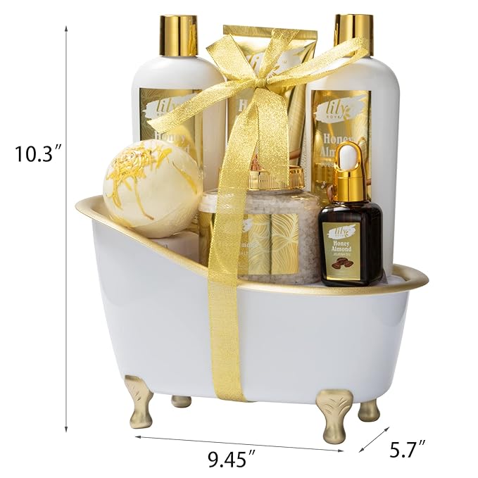 Christmas Gifts for Women - 7-Piece Honey Almond Spa Gift Set, Bath & Body Gift Set, Bath Collection with Bath Bomb | Mothers Day Gifts for Mom, Fathers Day, Birthday Gifts, Holiday Present for Women