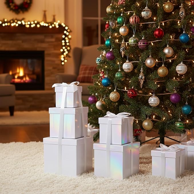 Cholemy 5 Pcs Square Nesting Boxes Decorative Gift Boxes with Lid and Ribbon Assorted Sizes Wrap for Wedding, Thanksgiving, Christmas, Anniversary, Birthday, Bridal Party(Iridescent)