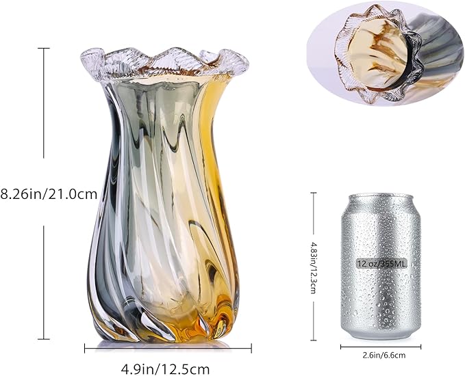 Amber Glass Vase Home Decor, Hand Blown Glass Vases Wide Mouth for Pampas Grass and Flower Decorative, Modern Minimalism Art Murano Clear Glass Vase, Coffee Table, Office Centerpiece
